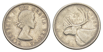 Канада 25 центов 1957 Елизавета II (1952-2022), олень KM 52 серебро 4631-911