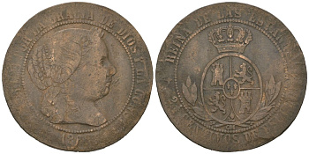 Испания 2 1/2 сентимо 1868 OM, Изабелла II (1833-1868) KM 634.2 бронза 92-921