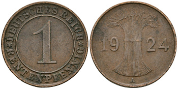 Германия 1 рентенпфенниг 1924 A KM 30, J. 306 бронза 4608-318