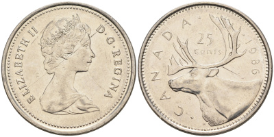 Канада 25 центов 1986 Елизавета II (1952-2022), олень KM 74 никель  4150-456