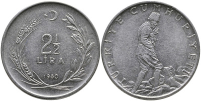 ТУРЦИЯ 2 1/2 ЛИРЫ 1960 KM 893.1 нержавеющая сталь 29-1022