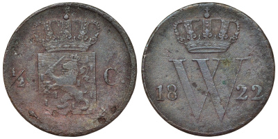 Нидерланды 1/2 цента 1822  KM 51 медь    4115-327