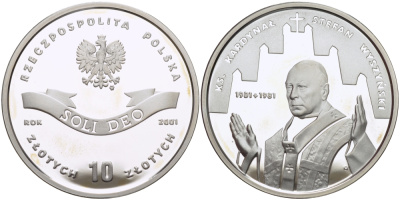 Польша 10 злотых 2001 MW, кардинал Стефан Вышинский (1901-1981) KM 419 серебро PROOF 1087-9-21