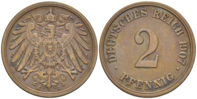ГЕРМАНИЯ 2 ПФЕННИГА 1907 J KM 16, J. 11, Weege 4 медь 206-537