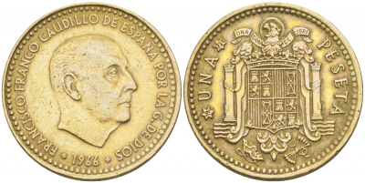 ИСПАНИЯ 1 ПЕСЕТА 1966 (73) ФРАНСИСКО ФРАНКО ДИКТАТОР ИСПАНИИ (1939-1975) КМ 796 алюминиевая бронза 87-1455