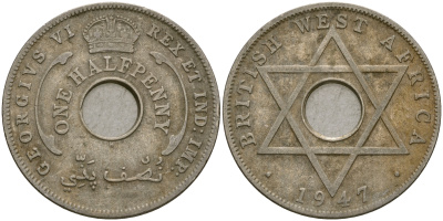 Британская Западная Африка 1/2 пенни 1947 H, Георг VI KM 18 медно-никель 25-1055