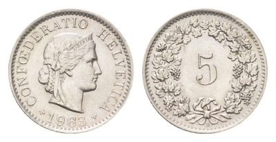 Швейцария 5 раппенов 1963 B KM 26 медно-никель 4705-1254