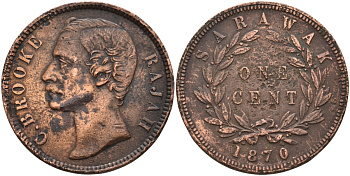 Саравак 1 цент 1870 раджа Джеймс Брук, Королевство Саравак (1846 - 1946) KM 6 медь 4590-626