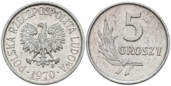Польша 5 грошей 1970 MW  KM A46, Parchimowicz 204j алюминий 86-467