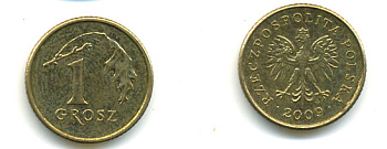 ПОЛЬША 1 ГРОШ 2009 KM 276 латунь 3999-1115