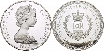 Остров Мэн 1 крона 1977 Серебряный юбилей правления королевы Елизаветы II КМ 42a серебро PROOF 1081-4-53