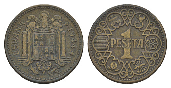 Испания 1 песета 1944 Национальное правительство (1939 - 1947) KM 767 алюминиевая бронза 4644-946