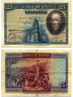 Испания 25 песет 1928 Педро Кальдерон де ля Барка, серия В0 Pick 74b бумага 8564-9-1-2