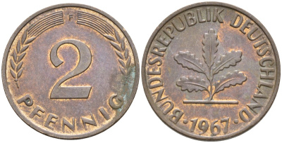 ФРГ 2 пфеннига 1967 F KM 106, J.381 сталь плакированная медью 4174-625