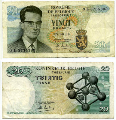 Бельгия 20 франков 1964 Бодуэн I, атомиум, Esselens Pick 138 (2) бумага 6266-11-3