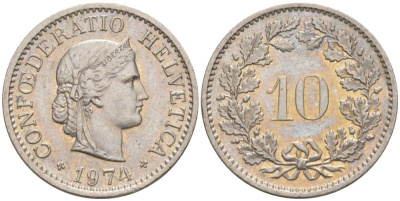 Швейцария 10 раппенов 1974 KM 27 медно-никель 55-453