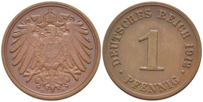 ГЕРМАНИЯ 1 ПФЕННИГ 1912 D KM 10, J. 10, Weege 2 медь 211-463