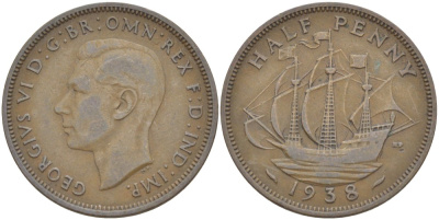 Великобритания 1/2 пенни 1938 Георг VI (1936-1952) KM 844, Spink 4115 бронза 4539-237