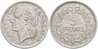 Франция 5 франков 1947 open 9 KM 888b.1 алюминий 221-432