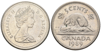 Канада 5 центов 1989 Елизавета II (1952-2022), бобер KM 60.2а медно-никель 4609-435