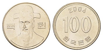 Южная Корея 100 вон 2004 KM 35 медно-никель UNC 4163-251