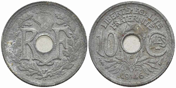 ФРАНЦИЯ 10 САНТИМОВ 1946 В, ДИАМЕТР 17 ММ., ПРАВИТЕЛЬСТВО ВИШИ KM 906.2, LE FRANC 143.5 цинк 105-448