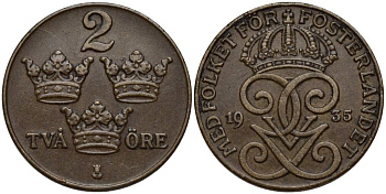 Швеция 2 эре 1935 Густав V (1907-1950) KM 778 бронза 27-545