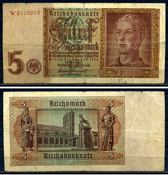 Германия 5 рейхсмарок 1942 водяной знак "5" в вертикальном положении, 7 цифр в серии Pick 186 a (1) бумага 8621-36-1-1