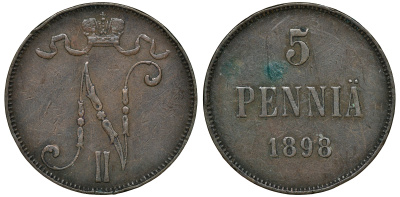 Россия для Финляндии 5 пенни 1898 Николай II (1894-1917) KM 15, Биткин 443 медь 51-811