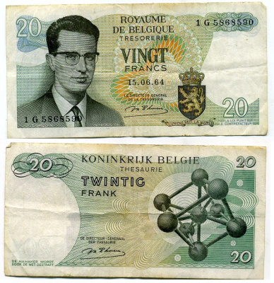 Бельгия 20 франков 1964 Бодуэн I, атомиум, Esselens Pick 138 (2) бумага 7457-40-1-2