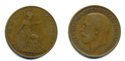Великобритания 1 пенни 1920 Георг V (1910-1936) KM 810, Spink 4051 бронза 41-424