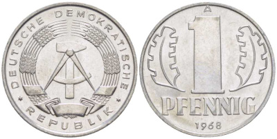 ГДР 1 ПФЕННИГ 1968 А KM 8.1 алюминий 66-362