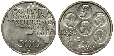Бельгия 500 франков 1980 150 лет независимости, Belgie, Бодуэн I (1951-1993) KM 162 медно-никель покрытый серебром 443-913