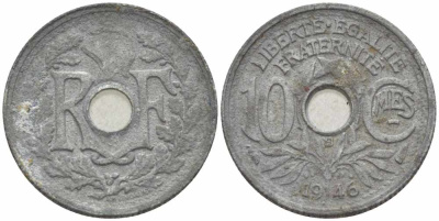 ФРАНЦИЯ 10 САНТИМОВ 1946 В, ДИАМЕТР 17 ММ., ПРАВИТЕЛЬСТВО ВИШИ KM 906.2, LE FRANC 143.5 цинк 105-448