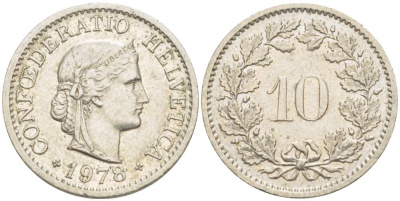 Швейцария 10 раппенов 1978 KM 27 медно-никель 4529-645
