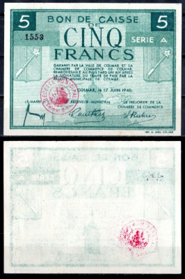 Франция, Кольмар 5 франков 1940 бумага UNC (пресс) 7183-11-1-2