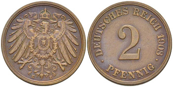 ГЕРМАНИЯ 2 ПФЕННИГА 1908 E KM 16, J. 11, Weege 4 медь 206-546
