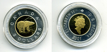 КАНАДА 2 ДОЛЛАРА 2001 ПОЛЯРНЫЙ МЕДВЕДЬ KM 270с биметалл PROOF 7-5-29-14