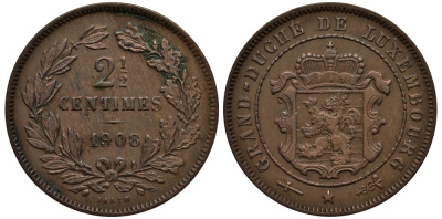 ЛЮКСЕМБУРГ 2 1/2 САНТИМА 1908 ВЕЛИКИЙ ГЕРЦОГ АДОЛЬФ (1890-1905) КМ 21 бронза 4538-816