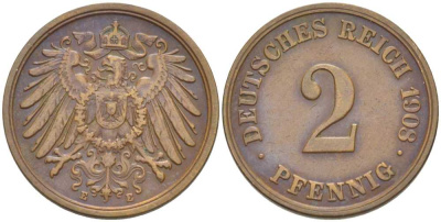 ГЕРМАНИЯ 2 ПФЕННИГА 1908 E KM 16, J. 11, Weege 4 медь 206-546