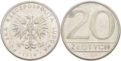 ПОЛЬША 20 ЗЛОТЫХ 1986 MW KM 153.1 медно-никель 213-843