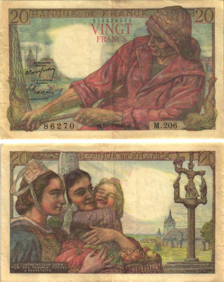 ФРАНЦИЯ 20 ФРАНКОВ 1949 10 МАРТА 1949, РЫБАК Pick 100с бумага VF 8589-38-2-1