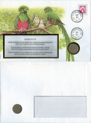 Гватемала 25 сентаво 1991 монета в конверте с маркой и спецгашением KM 278 медно-никель 6267-2-2