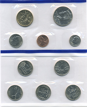 США два набора в одном 2003 два официальных набора в целлофановой запайке, буква Р, годовой набор и пять квотеров, штат Арканзас, Алабама, Миссури, Иллинойс, Мэн, в конверте с сертификатом, Филадельфия  медь плакированная медно-никелем UNC 7-5-6-29