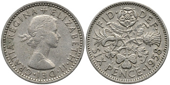 Великобритания 6 пенсов 1958 Елизавета II (1952-2022) KM 903, Spink 4149 медно-никель 4567-512