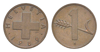 Швейцария 1 раппен 1989 B KM 46 бронза 4611-655