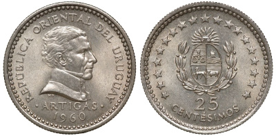 Уругвай 25 сентесимо 1960 KM 40 медно-никель 4169-939
