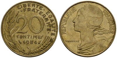 Франция 20 сантимов 1984 тип Marianne KM 930, Le Franс 156.24 алюминиевая бронза 4138-347