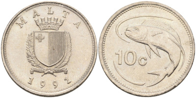 Мальта 10 центов 1991 золотая макрель KM 96 медно-никель 4588-217