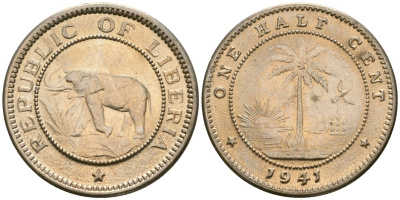 Либерия 1/2 цента 1941 KM 10a медно-никель UNC 4174-331